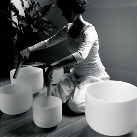 Image of 8" large frosted crystal singing bowl. Includes suede striker (playing mallet) and o-ring.