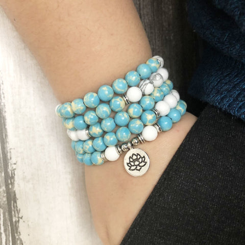 Image of "I Am Balanced" Howlite and Jasper Mala - 108 Beads With Lotus Charm