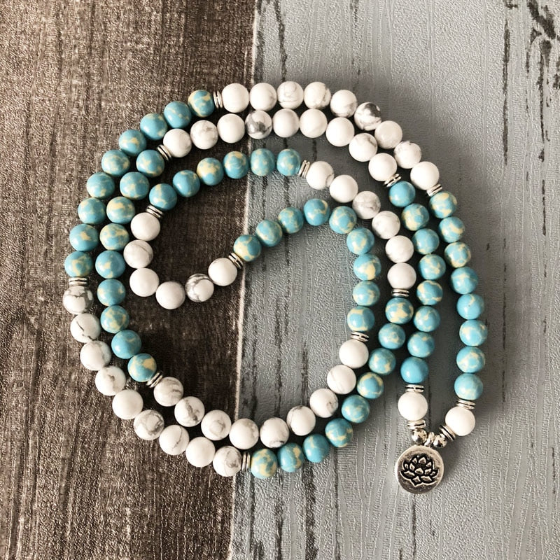 "I Am Balanced" Howlite and Jasper Mala - 108 Beads With Lotus Charm