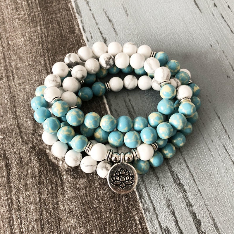 "I Am Balanced" Howlite and Jasper Mala - 108 Beads With Lotus Charm