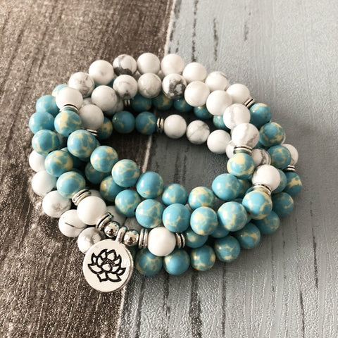 Image of "I Am Balanced" Howlite and Jasper Mala - 108 Beads With Lotus Charm