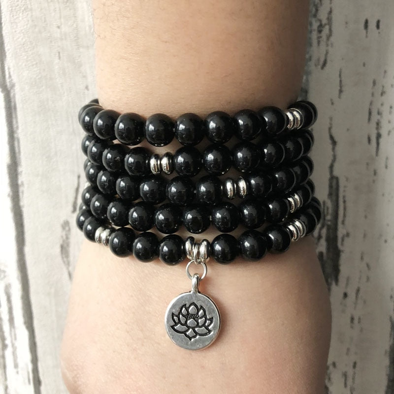 "I Am Grounded" Onyx Mala - 108 Bead With Lotus Charm