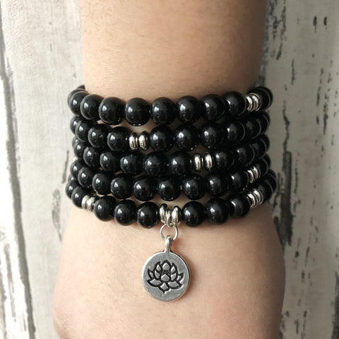 Image of "I Am Grounded" Onyx Mala - 108 Bead With Lotus Charm