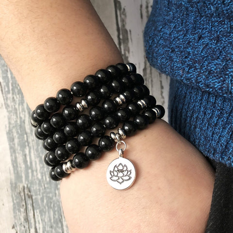 Image of "I Am Grounded" Onyx Mala - 108 Bead With Lotus Charm